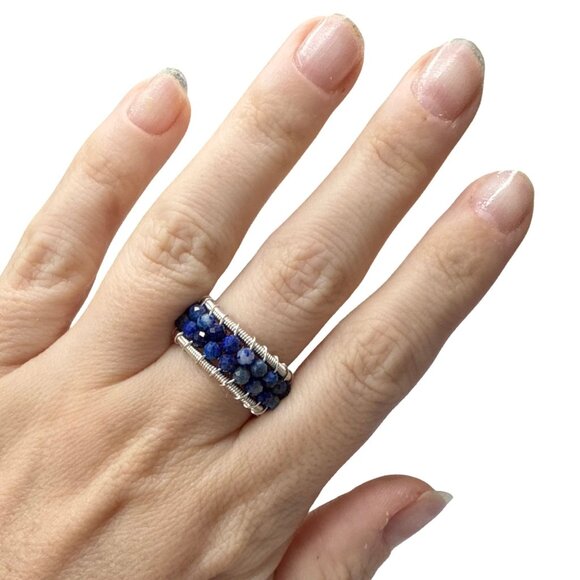 **SOLD**Lapis Lazuli Blue faceted beaded ring gemstone jewelry silver wire - Picture 4 of 8